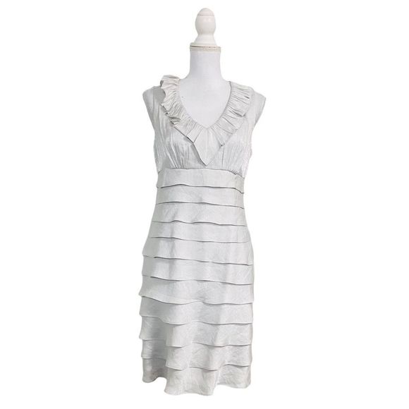 London Times Silver Layered & Ruffled Neckline Lined Casual Trendy Chic Dress - Picture 1 of 7